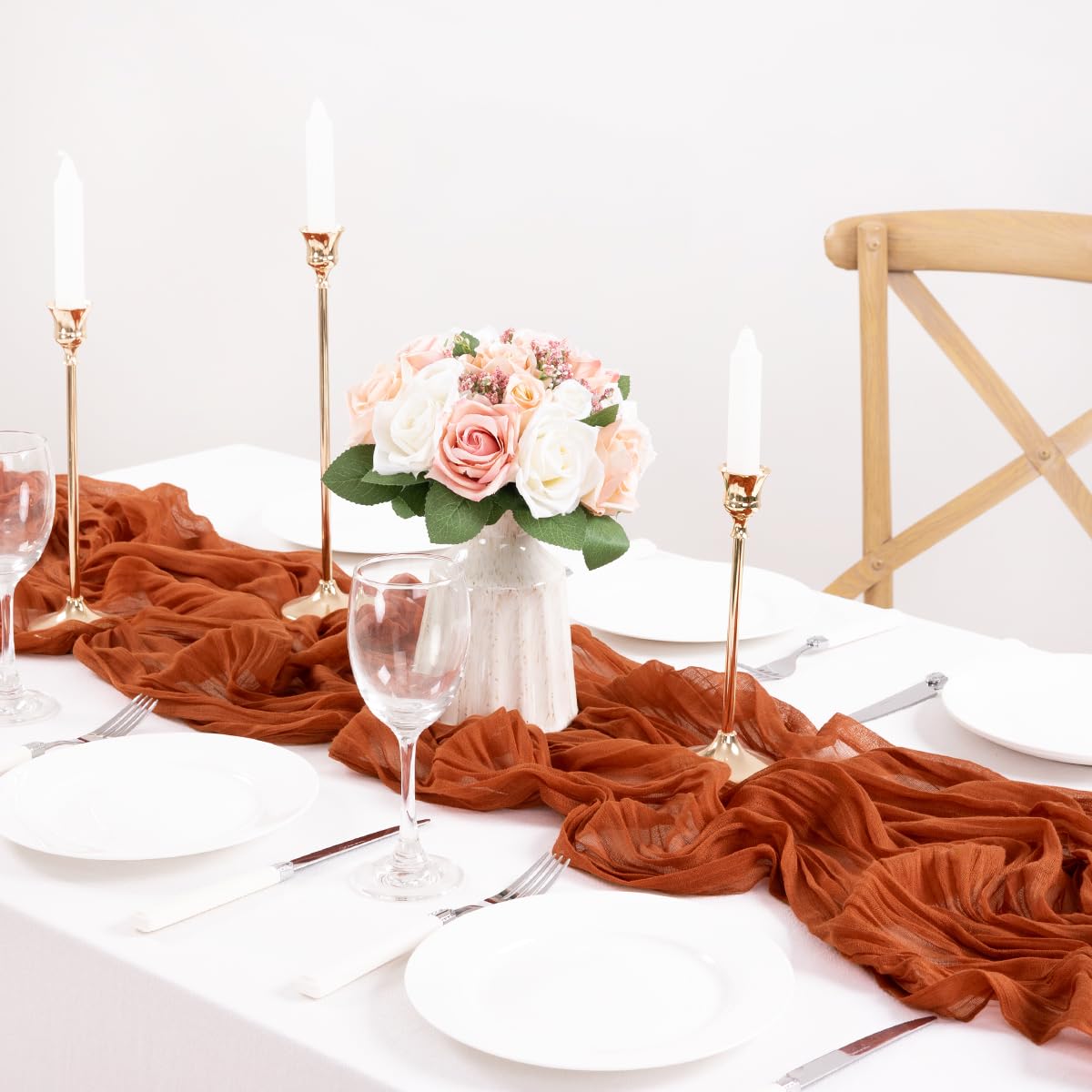 MLMC 3 Pack Fall Table Runner Terracotta Cheesecloth Table Runner 10ft Wrinkled Rustic Burnt Orange Cheese Cloth Table Runner Bulk 35x120 Inches for Thanksgiving Bridal Baby Shower Decor