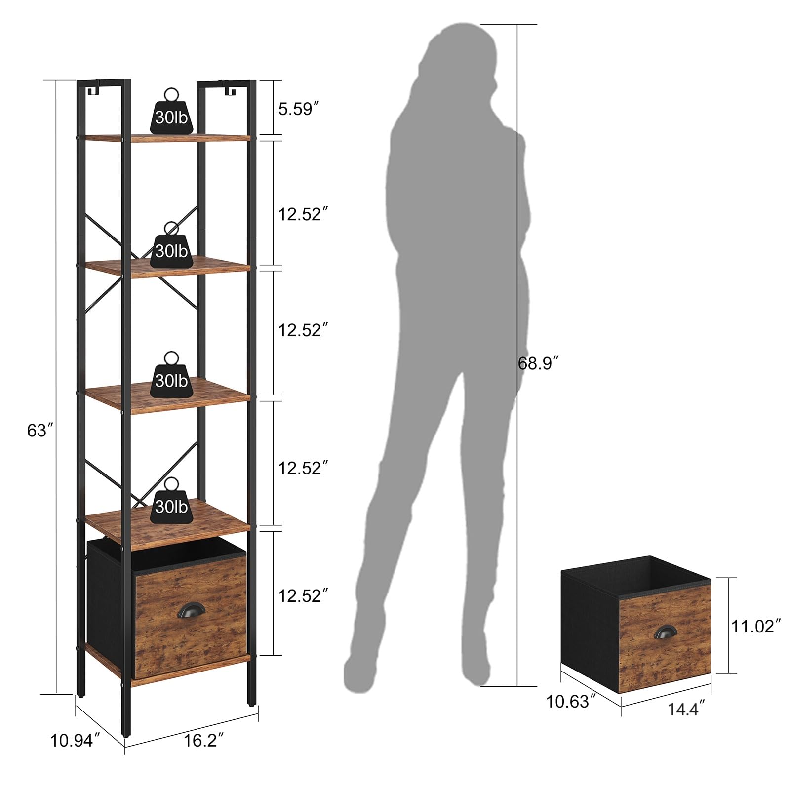 5 Tier Bookshelves,Tall Narrow Bookcases with Shelves, Bookcase Storage Organizer,Industrial Bookshelf with Drawer,Display shelves for Living Room, Bedroom ,Kitchen and Office, Rustic Brown