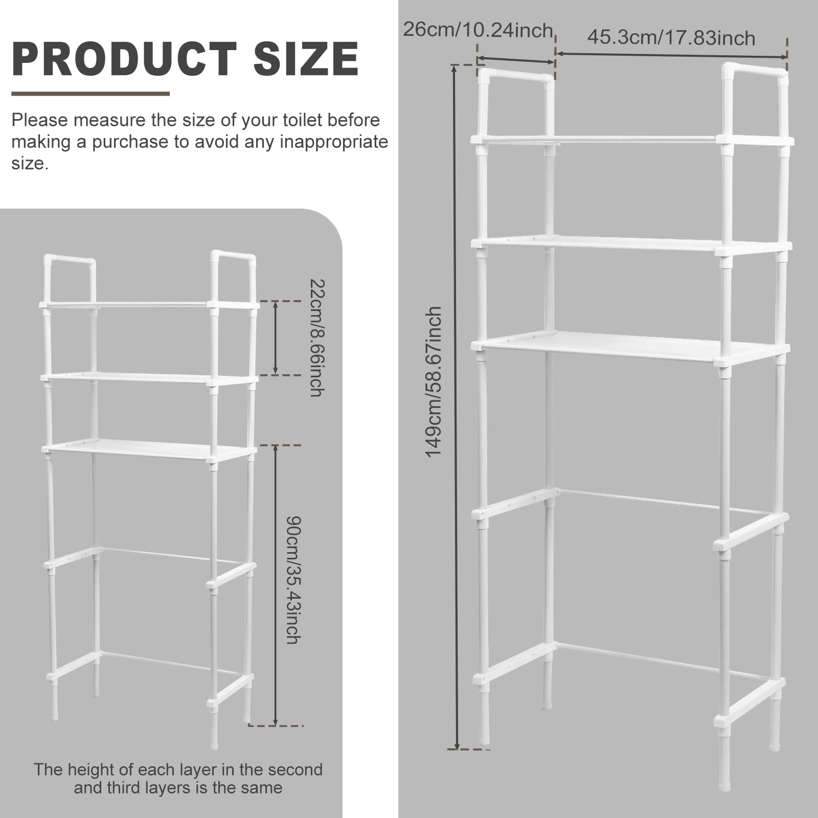 3 Tier Over The Toilet Storage Shelf, Over The Toilet Storage Cabinet, Over The Toilet Storage Rack, Above Toilet Storage Cabinet, Freestanding Above Toilet Shelf, Space Saving (White)