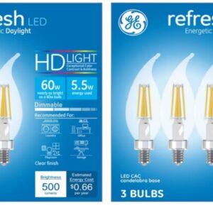 GE (6 Bulbs) Refresh LED Energetic Daylight LED CAC Lightbulb, Candelabra Base, 60 watt Equivalent, Dimmable, Clear Finish, HD Light, LED Decorative, Bent tip Chandelier Light Bulb, 500 lumens