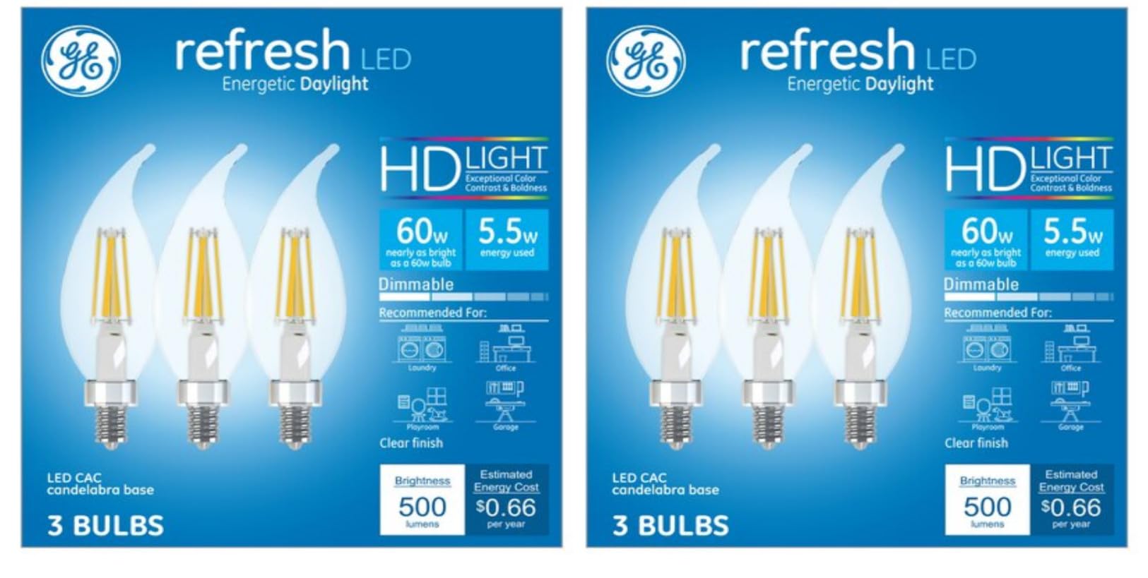 GE (6 Bulbs) Refresh LED Energetic Daylight LED CAC Lightbulb, Candelabra Base, 60 watt Equivalent, Dimmable, Clear Finish, HD Light, LED Decorative, Bent tip Chandelier Light Bulb, 500 lumens