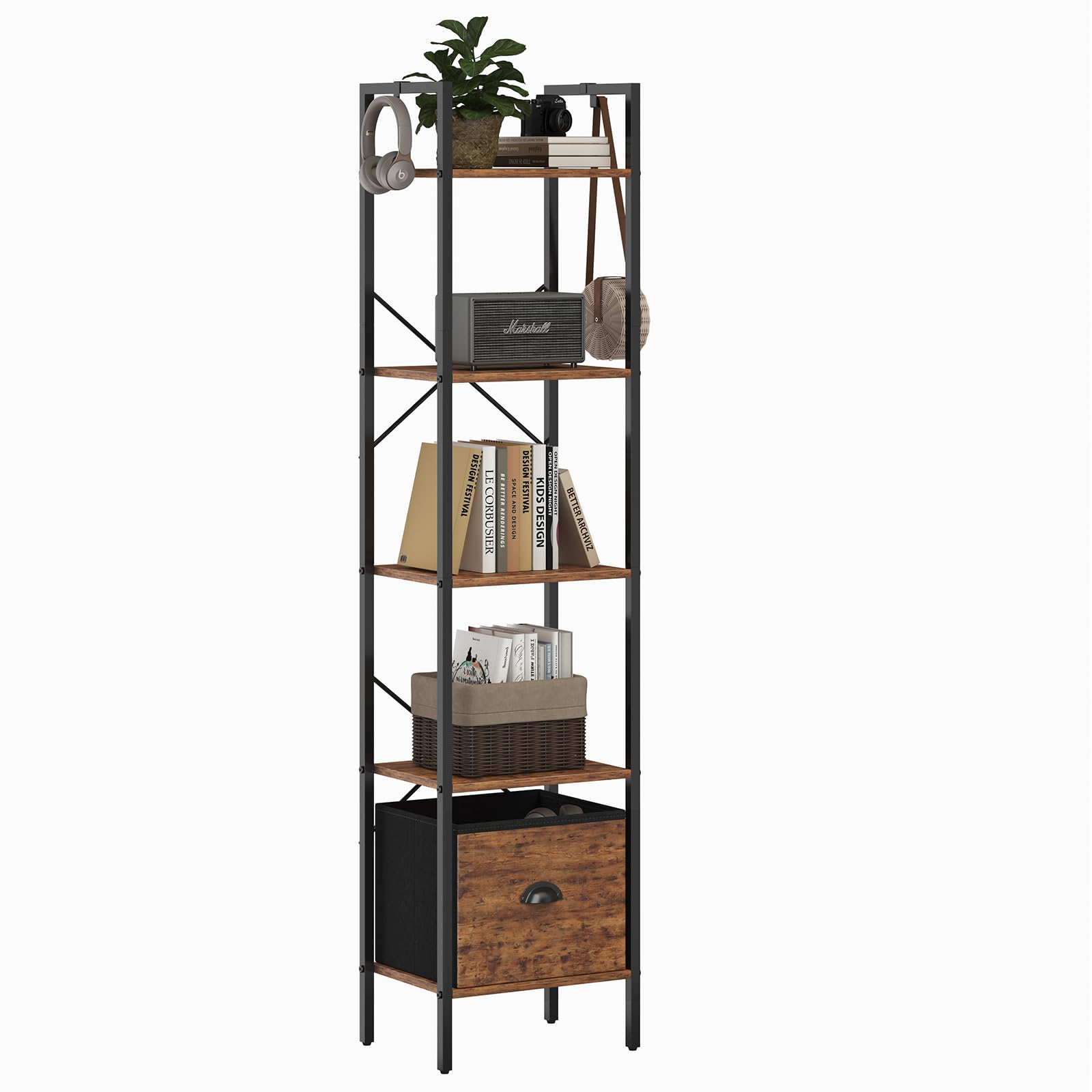 5 Tier Bookshelves,Tall Narrow Bookcases with Shelves, Bookcase Storage Organizer,Industrial Bookshelf with Drawer,Display shelves for Living Room, Bedroom ,Kitchen and Office, Rustic Brown