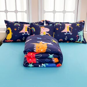 Megamayga Dinosaur Bedding Full Size for Boys 6 Pieces Dinosaur Comforter Set Full for Kids Bed in A Bag Comforter Set with Blue Sheets Stars Rainbow Print 3D Dino Bedding Skateboard Dinosaur Bed Set