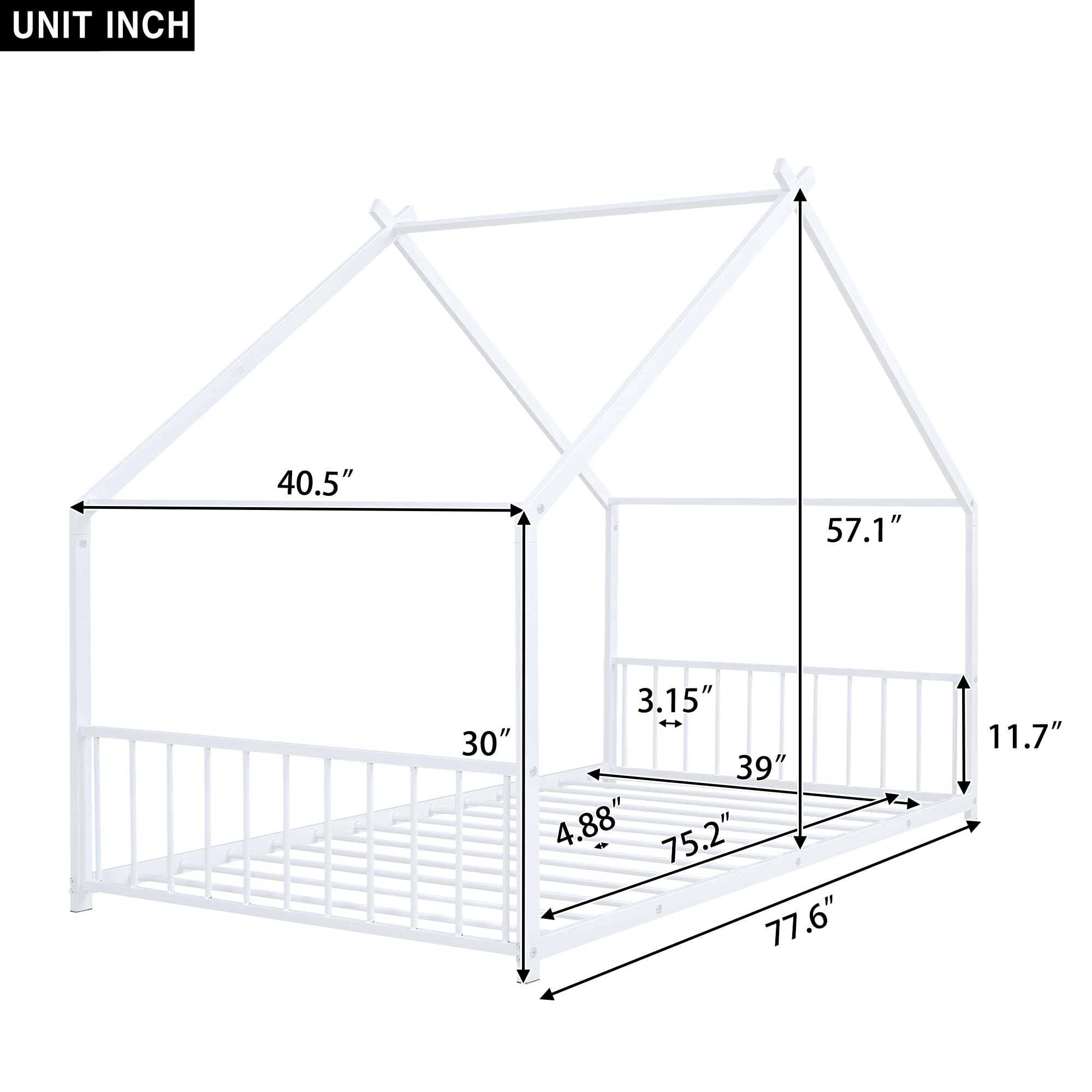 Kids Montessori Floor Bed with Headboard and Footboard, Metal Floor Bed with Slats, Twin Size House Floor Bed for Kids, White Montessori Bed Frame Twin Size