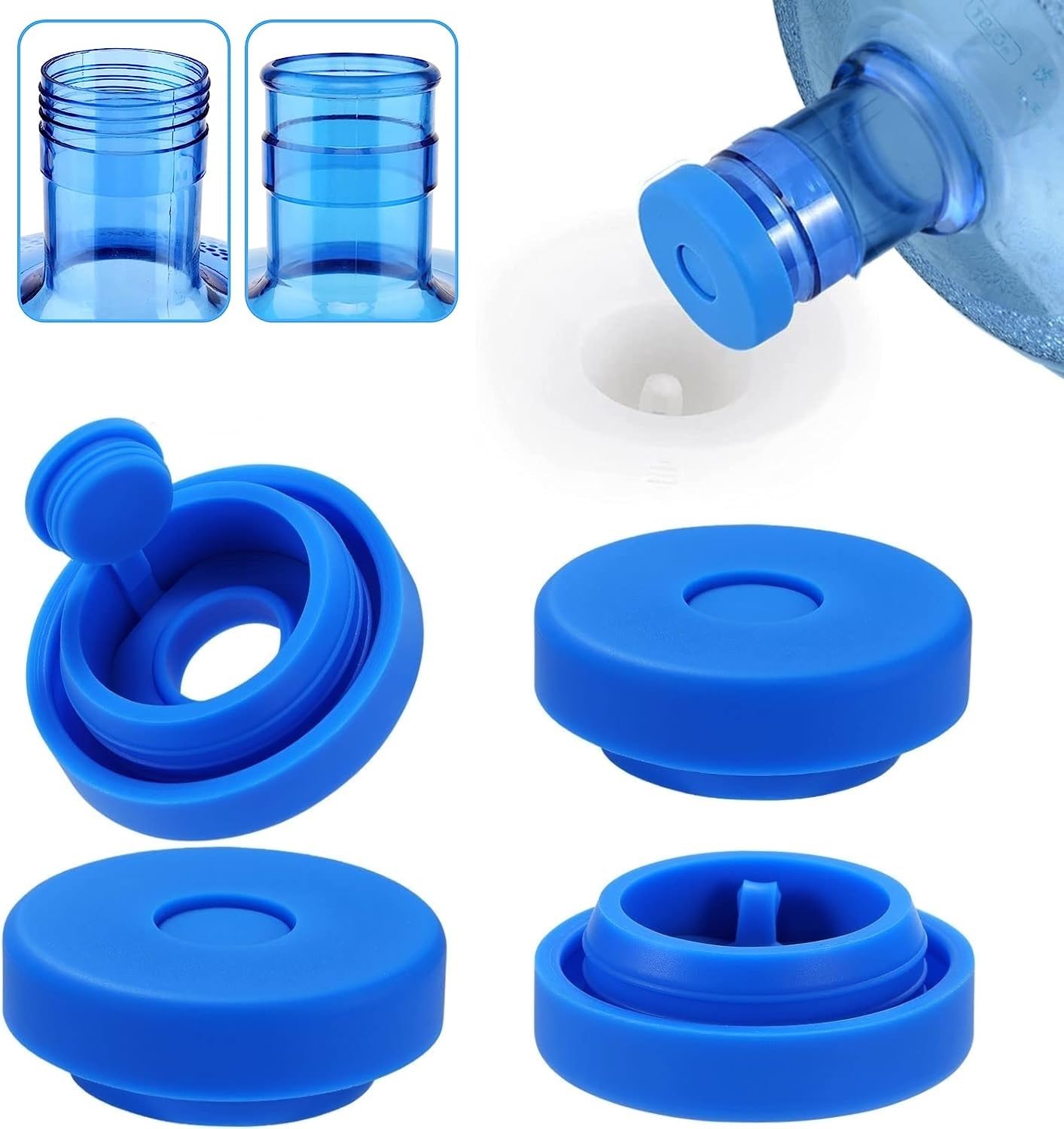 Unique Lot 4pcs 3 & 5 Gallon Water Jug Cap, Reusable 5 Gallon Water Jug Cover for Standard/Screw Tops, Silicone Leak Proof Lids for 55mm Bottles, Water Jug Lid {Blue}