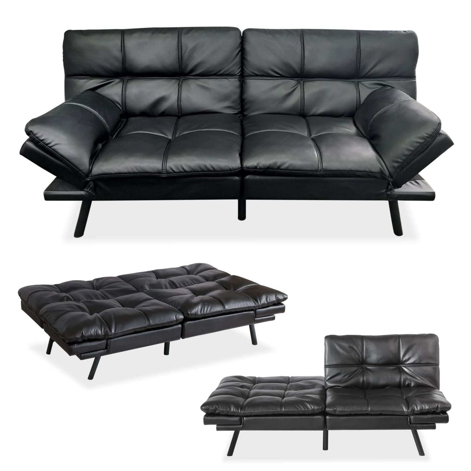 MUUEGM 71" Sofa Bed with Memory Foam,Futon Sofa Bed with Adjust Backrest and Armrest, Couches for Living Room,Studios, Apartments, Dormitories, Offices and Game Rooms. Black Leather Sofa