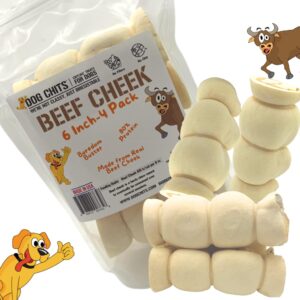 dog chits beef cheek 6", 4 pack, dog and puppy chews, thick, lasts for days, 100% cheek (not hide), single ingredient, all natural, fully digestible