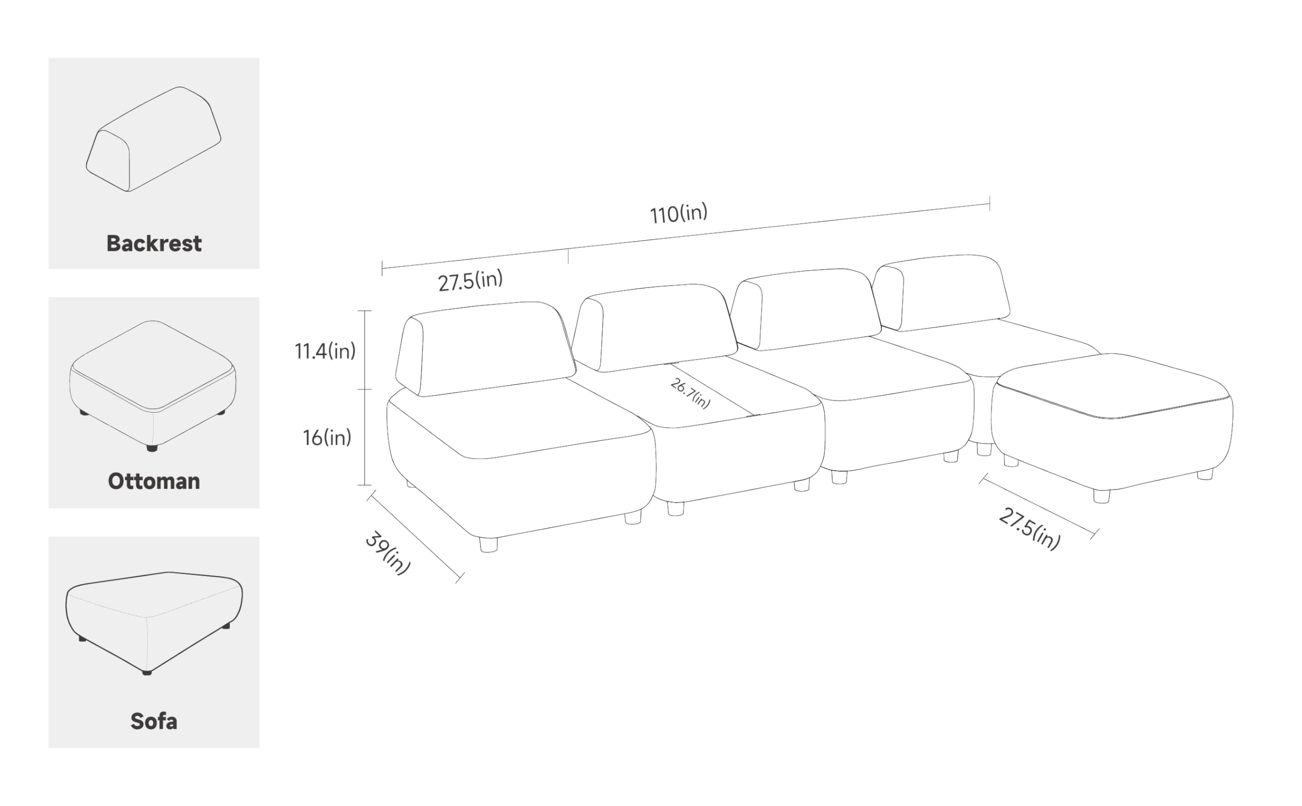 MUT CASA Modular Sectional Sofa, Convertible L Shaped Sectional Sofa Couch with Storage Ottaman, 5 Seat Modular Sofa Couch for Living Room, Beige