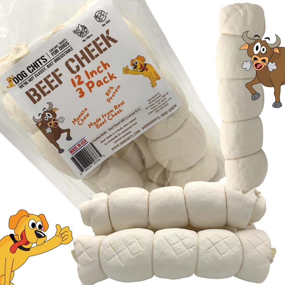 Dog Chits Beef Cheek 12", 3 Pack, Dog and Puppy Chews, Thick, Lasts for Days, 100% Cheek (not Hide), Single Ingredient, All Natural, Fully Digestible