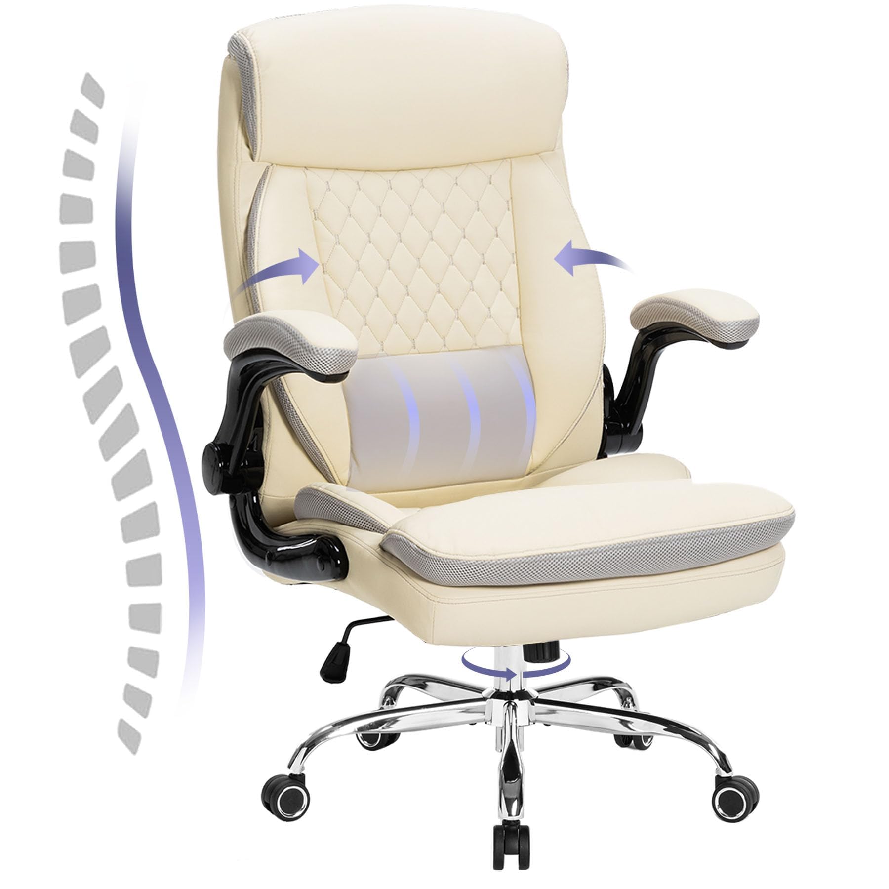 Executive Office Chair,Ergonomic Desk Chair with Adjustable Flip-Up Arms,Computer Office Desk Chair with Rocking Function(Cream)