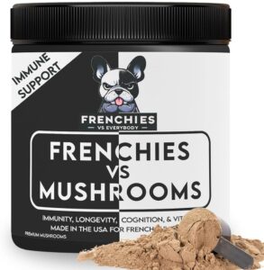 french bulldog optimized mushroom supplement for dogs w/turkey tail mushroom, omega-3, organic turmeric – mushroom powder super food topper for dog immune support, digestion, allergies & longevity