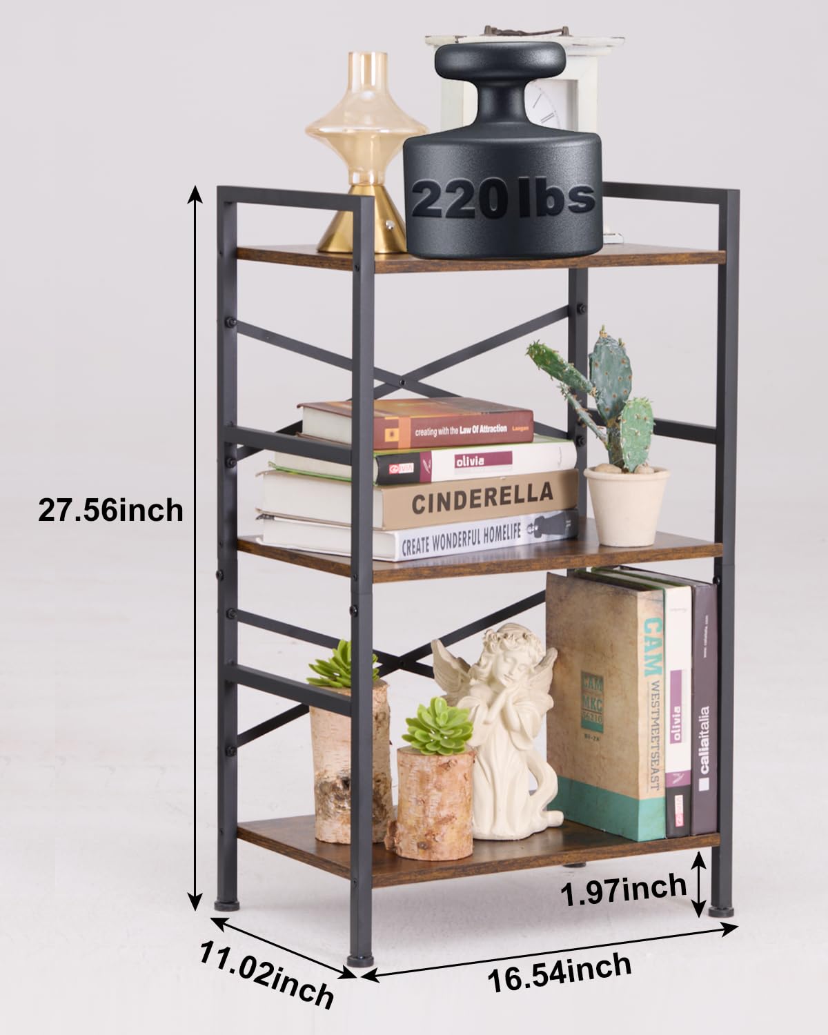 KKN Book Shelf, 4 Tier Industrial Book case, Metal & Wood Small Bookshelf, Display Shelf Book Shelf Storage Organizer for Living Room, Bedroom, and Office Furniture (3 Tier)