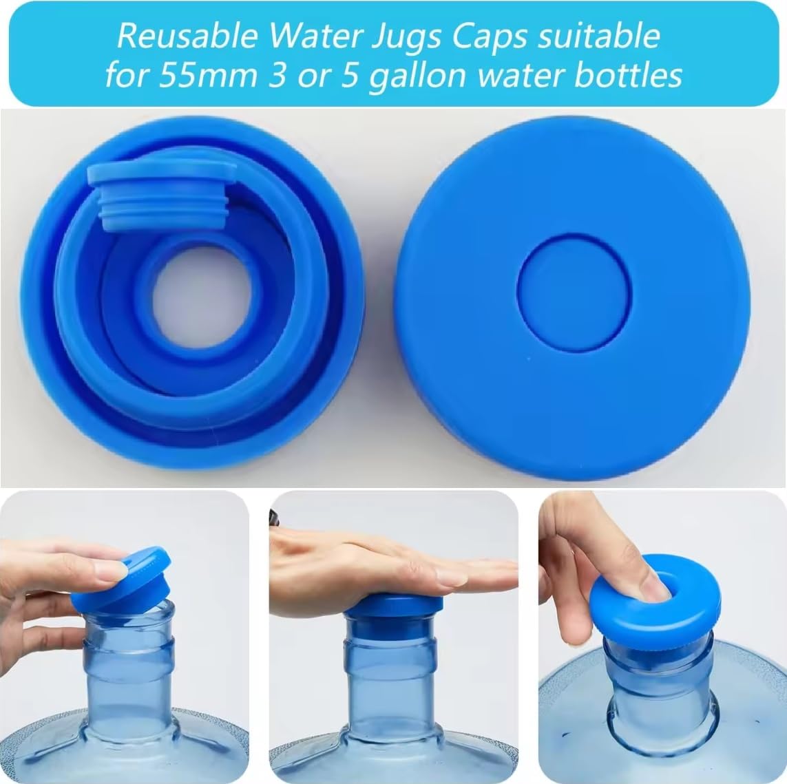 Unique Lot 4pcs 3 & 5 Gallon Water Jug Cap, Reusable 5 Gallon Water Jug Cover for Standard/Screw Tops, Silicone Leak Proof Lids for 55mm Bottles, Water Jug Lid {Blue}