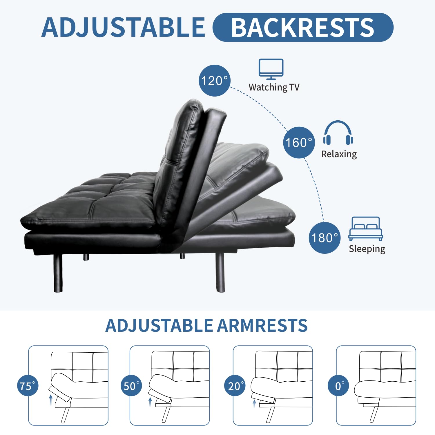 MUUEGM 71" Sofa Bed with Memory Foam,Futon Sofa Bed with Adjust Backrest and Armrest, Couches for Living Room,Studios, Apartments, Dormitories, Offices and Game Rooms. Black Leather Sofa