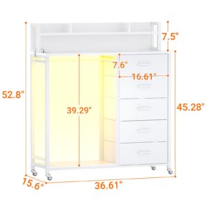 Cyclysio Dresser for Bedroom with Clothes Rack & Shelves, White 5 Drawers Dresser with Charging Station & LED Lights, Chest of Drawers with Lockable Wheels, Storage Shelves, Bedroom, Closet,Entryway