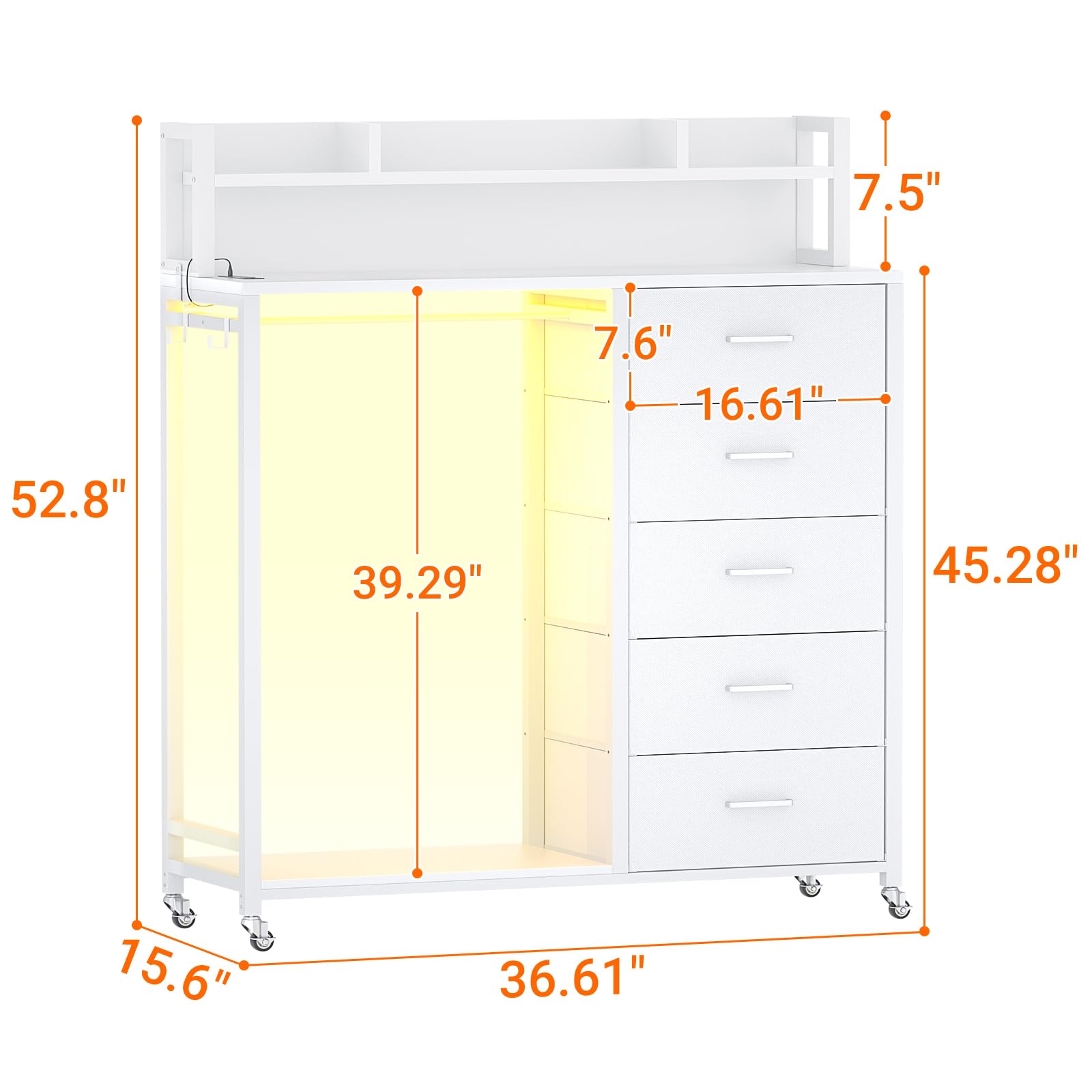 Cyclysio Dresser for Bedroom with Clothes Rack & Shelves, White 5 Drawers Dresser with Charging Station & LED Lights, Chest of Drawers with Lockable Wheels, Storage Shelves, Bedroom, Closet,Entryway