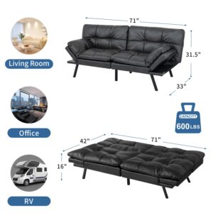 MUUEGM 71" Sofa Bed with Memory Foam,Futon Sofa Bed with Adjust Backrest and Armrest, Couches for Living Room,Studios, Apartments, Dormitories, Offices and Game Rooms. Matt Black Leather Sofa