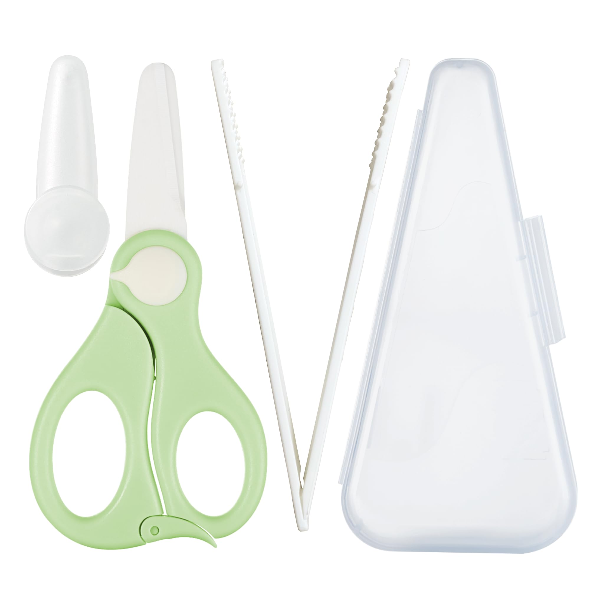 Baby Food Scissors with Travel Case and Tongs Set, Fully Detachable Ceramic Kids Food Scissors with Safety Lock, Dishwasher Safe, Ideal for Noodles, Meats, Vegetables, Pizza and Fruits (A)