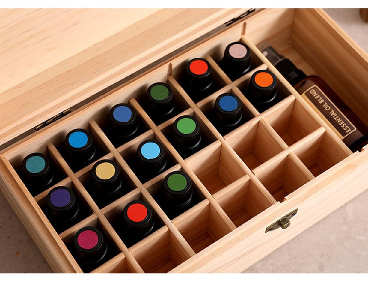 QRZLP Wooden Essential Oil Box, ssential Oils Storage Container Holds 25 Bottles Size 5-15 mL Aromatherapy Holder Carrying Case for Makeup Nail Polish Perfume.