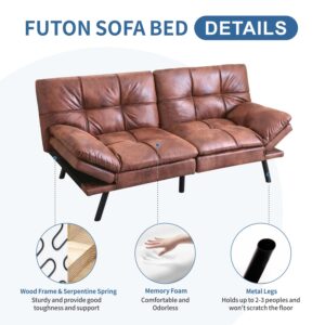 MUUEGM 71" Sofa Bed with Memory Foam,Futon Sofa Bed with Adjust Backrest and Armrest, Couches for Living Room,Studios, Apartments, Dormitories, Offices and Game rooms. Brown Leather Sofa