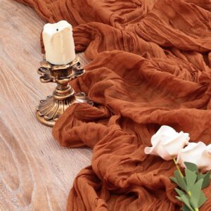 MLMC 3 Pack Fall Table Runner Terracotta Cheesecloth Table Runner 10ft Wrinkled Rustic Burnt Orange Cheese Cloth Table Runner Bulk 35x120 Inches for Thanksgiving Bridal Baby Shower Decor