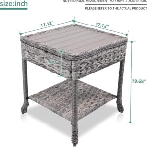 Generic Wicker Patio Side Table with Top - Multipurpose Outdoor End Table for Balcony, Porch, and Backyard Settings with 2-Tier Storage Shelf (Wooden Top), Grey, BZ001