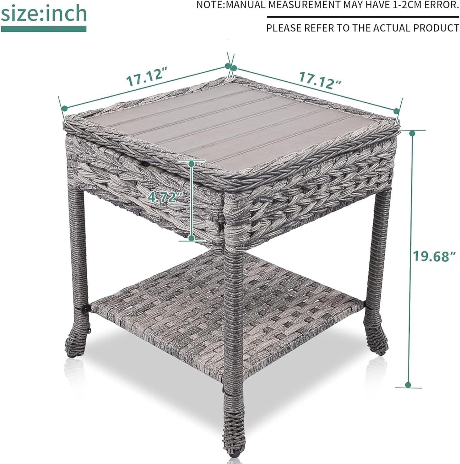 Generic Wicker Patio Side Table with Top - Multipurpose Outdoor End Table for Balcony, Porch, and Backyard Settings with 2-Tier Storage Shelf (Wooden Top), Grey, BZ001