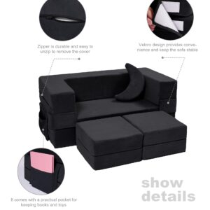 Elftopia Modular Kids Sofa,Toddler Couch Foam Armchair for Kids, Children Convertible Plush Sofa Play Set,Fold Out Sofa Bed(Black)