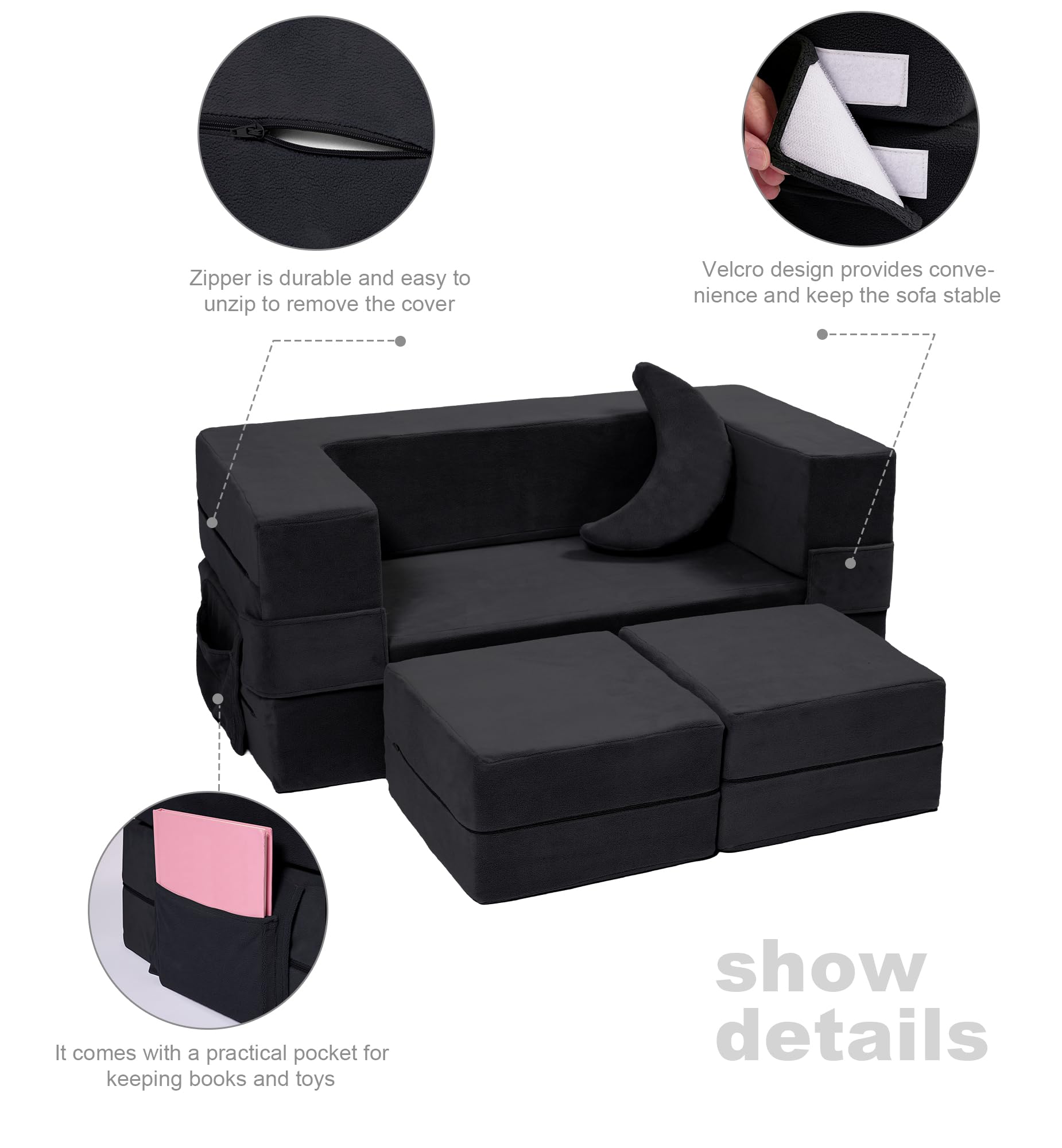 Elftopia Modular Kids Sofa,Toddler Couch Foam Armchair for Kids, Children Convertible Plush Sofa Play Set,Fold Out Sofa Bed(Black)