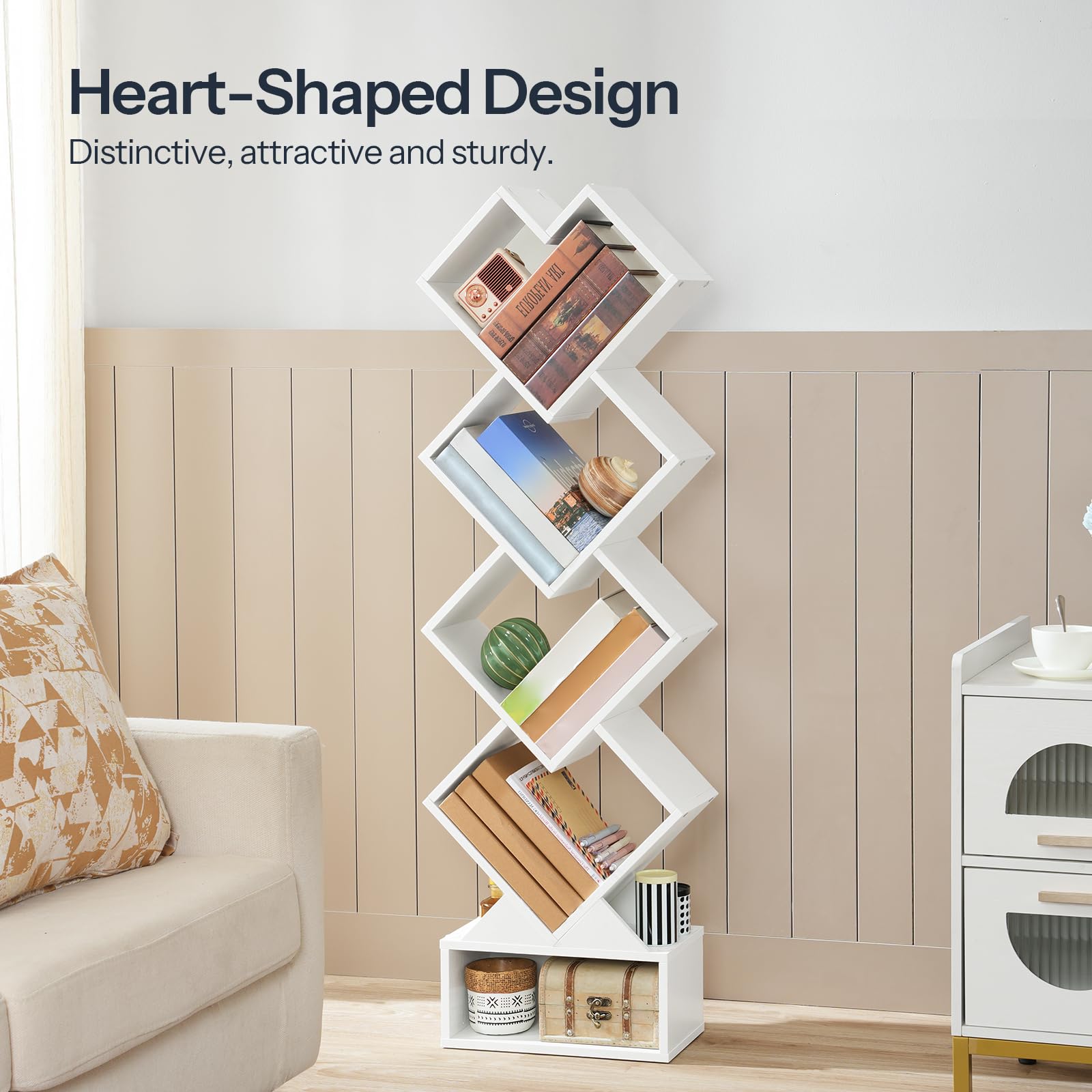 HOOBRO Bookshelf, 5-Tier Tree Bookcase, White Modern Heart Shaped Floor Standing Book Storage Rack for CDs in Small Space, Wooden Shelf for Study, Home Office, Living Room, Bedroom, White WT05SJ01