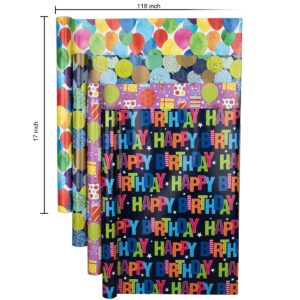 JUSTASHOW Birthday Wrapping Paper, 4 Rolls Happy Birthday Gift Wrap Papers, 17x118 Inches Per Roll Gift Wrapping Paper for Holiday, Party, Baby Shower