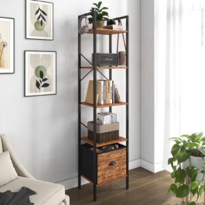 5 tier bookshelves,tall narrow bookcases with shelves, bookcase storage organizer,industrial bookshelf with drawer,display shelves for living room, bedroom ,kitchen and office, rustic brown