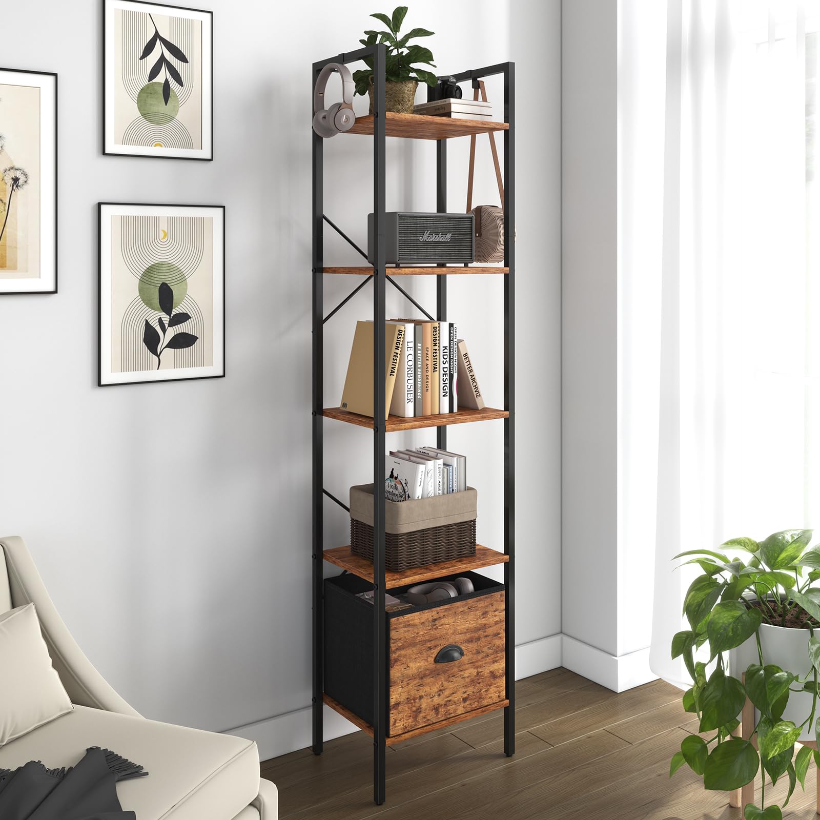 5 Tier Bookshelves,Tall Narrow Bookcases with Shelves, Bookcase Storage Organizer,Industrial Bookshelf with Drawer,Display shelves for Living Room, Bedroom ,Kitchen and Office, Rustic Brown