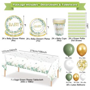 234 Pcs Sage Green Baby Shower Decorations, Neutral Baby Shower Decor Supplies- Disposable Dinnerware Set With Eucalyptus Leaf, "OH BABY" Banner, Balloon, Sash, Cake Topper, Paper Balls, Garland