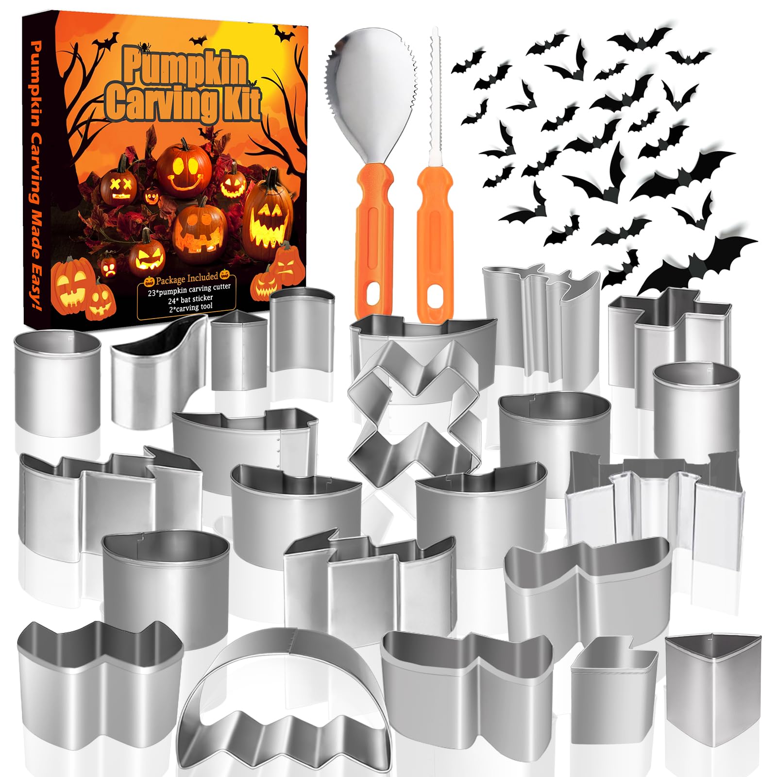 49PCS Pumpkin Carving Kit for Kids Adults, Halloween Pumpkin Carving Tools, 23 PCS Stainless Steel Pumpkin Carving Stencils with 24 Halloween Bat Stickers & 2 Carving Tools