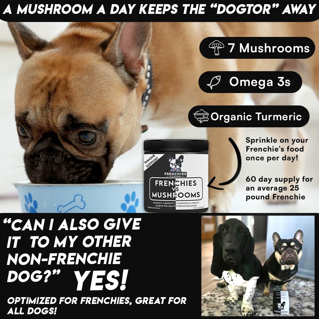 French Bulldog Optimized Mushroom Supplement for Dogs w/Turkey Tail Mushroom, Omega-3, Organic Turmeric – Mushroom Powder Super Food Topper for Dog Immune Support, Digestion, Allergies & Longevity