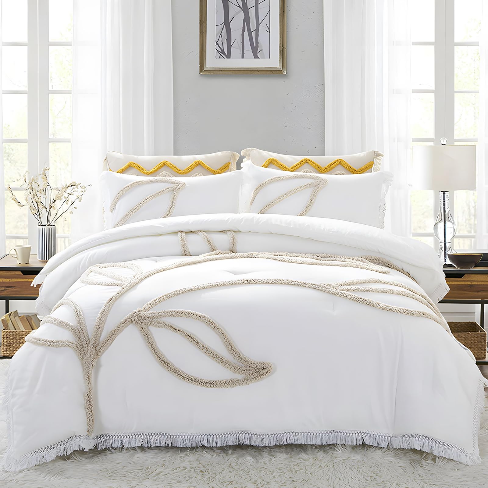 Rvciby Boho Leaf Duvet Cover Queen Size,Soft Microfiber Bedding Set with Tassel and Tufted Pattern,3 Pieces,1 Duvet Cover with Zipper Closure & Corner Ties and 2 Pillow Shams,90 X 90 Inches (White)