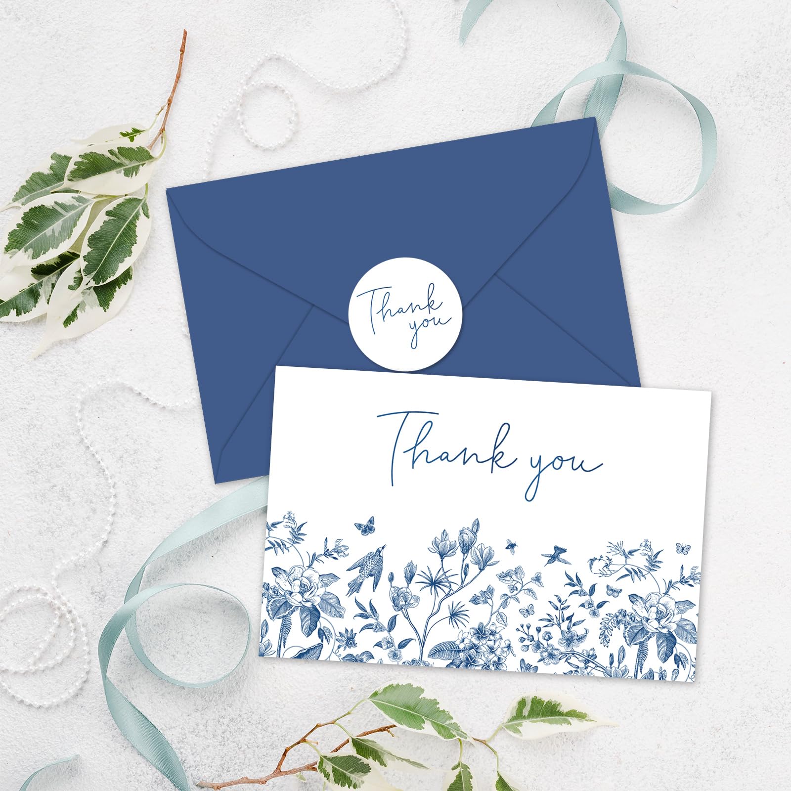 Whaline 36Pcs Blue Floral Thank You Cards with Envelope Stickers Wild Floral Thank You Note Cards for Wedding Bridal Shower Birthday Supplies