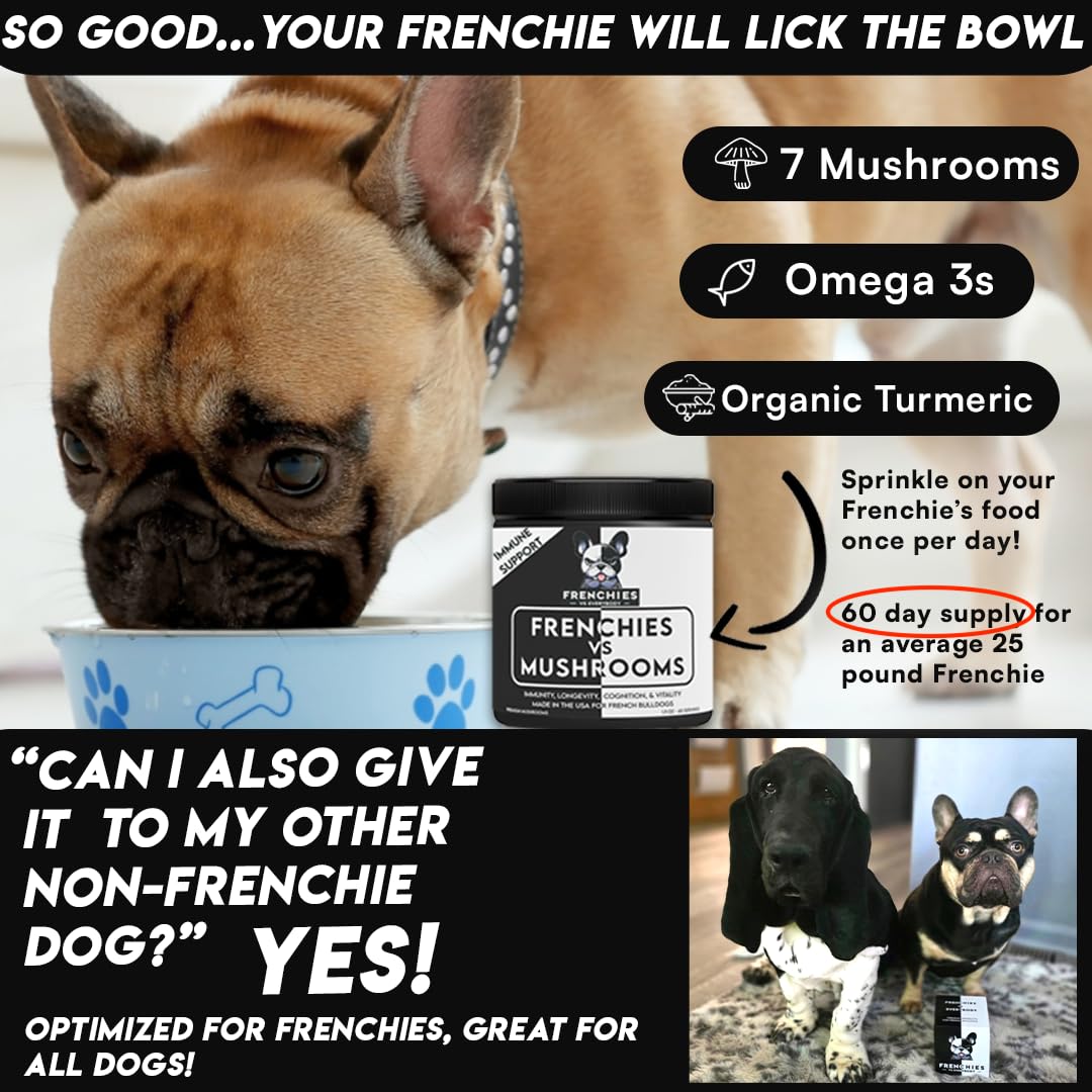 French Bulldog Optimized Mushroom Supplement for Dogs w/Turkey Tail Mushroom, Omega-3, Organic Turmeric – Mushroom Powder Super Food Topper for Dog Immune Support, Digestion, Allergies & Longevity