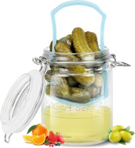 glass pickle jar with strainer, 25oz pickle container with pickle holder keeper lifter, pickle storage flip jar for olives, gherkins, sliced pickles