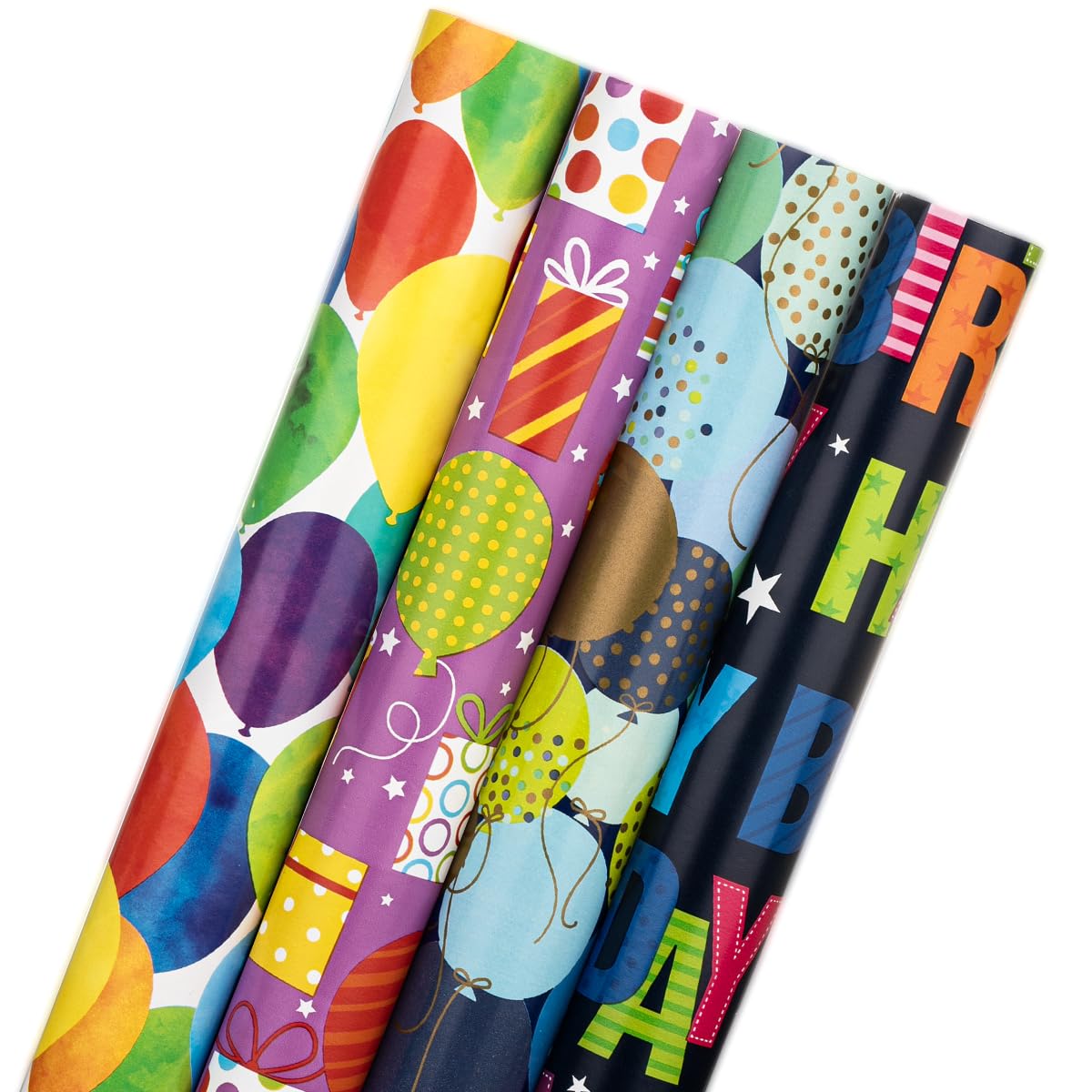 JUSTASHOW Birthday Wrapping Paper, 4 Rolls Happy Birthday Gift Wrap Papers, 17x118 Inches Per Roll Gift Wrapping Paper for Holiday, Party, Baby Shower