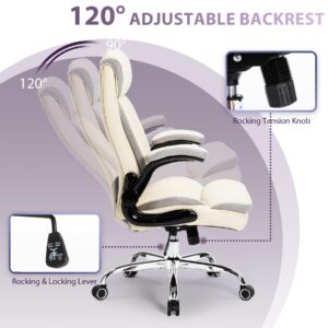 Executive Office Chair,Ergonomic Desk Chair with Adjustable Flip-Up Arms,Computer Office Desk Chair with Rocking Function(Cream)