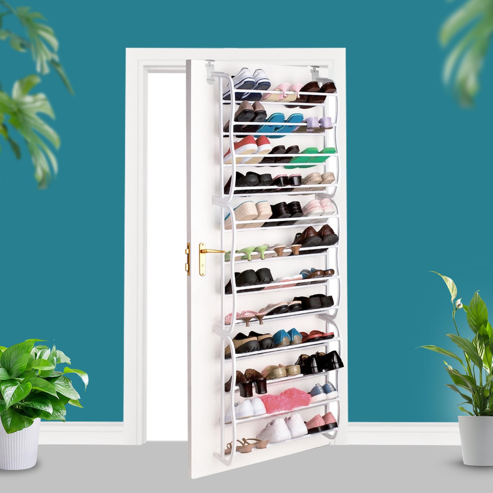 Zorpupoa Over the Door Shoe Rack, 12 Layers 36 Pair Shoes Wall Hanging Shelf Storage Shoe Organizer, Fold-up Non-slip Bars, White