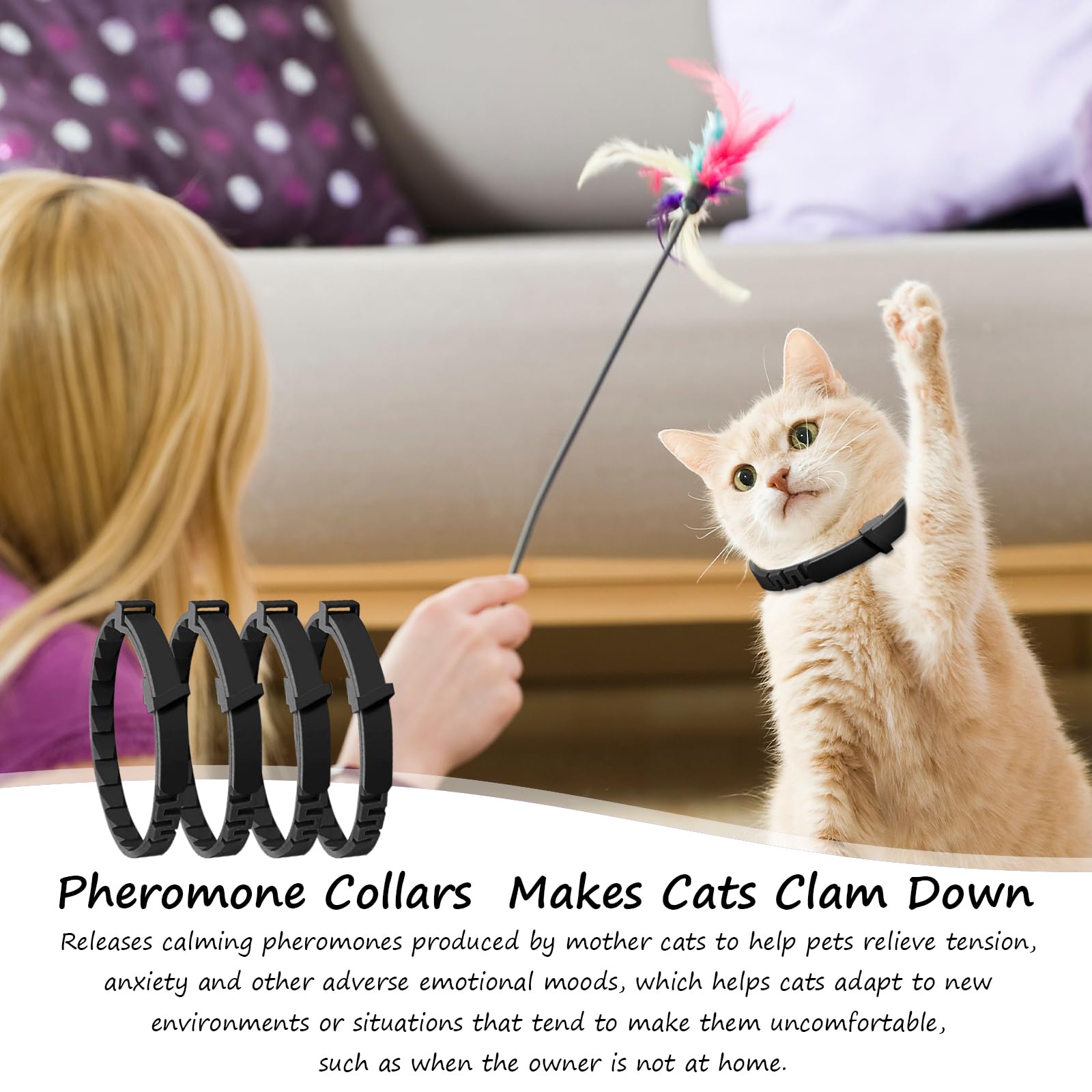 4Pcs Relaxants Cat Calming Collar for Anxiety Relief & Overgrooming - Effective Pheromone Cat Collar for Anti-Aggression & Indoor Cats - Therapet Calm Collar for Comfort Zone Relaxation (Black)