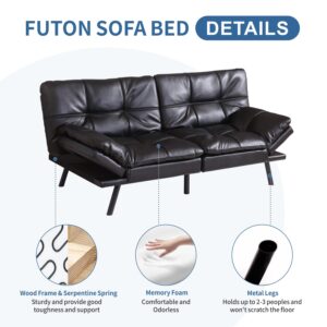 MUUEGM 71" Sofa Bed with Memory Foam,Futon Sofa Bed with Adjust Backrest and Armrest, Couches for Living Room,Studios, Apartments, Dormitories, Offices and Game Rooms. Black Leather Sofa