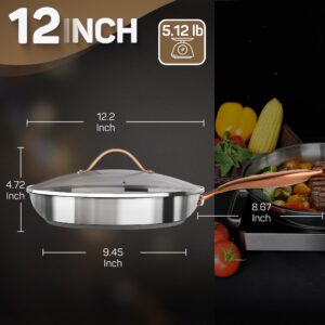 ciwete 12 Inch Tri-Ply Stainless Steel Frying Pan with Lid, Professional Quality Skillet Suitable for All Stove, Oven and Dishwasher Safe, PFOA PTFE PFOS Free, Fast and Even Heating