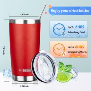 RIICEO 20oz Tumbler with Straw and Brush,Stainless Steel Vacuum Insulated tumbler, Double Wall Insulated Coffee Tumbler for Outdoor, Home, Travel,Office (Bright red, 1pcs)