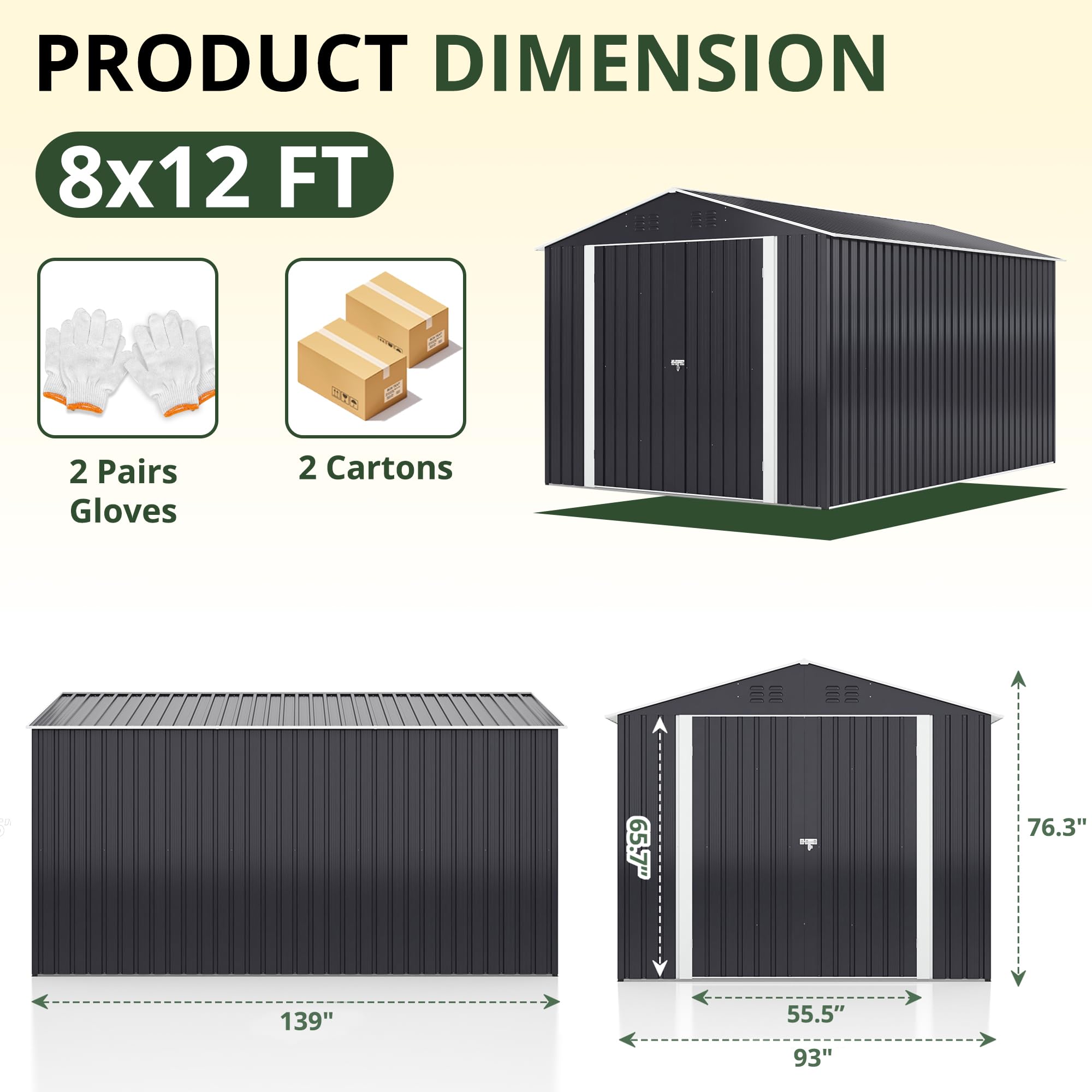 AirWire 8x12 FT Outdoor Storage Shed, Garden Shed with Updated Frame Structure and Lockable Doors, Metal Tool Sheds for Backyard Garden Patio Lawn, Grey