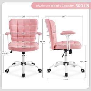 Yaheetech Mid Back Faux Leather Office Chair Adjustable Tilting Vanity Chair Modern Upholstered Desk Chair Task Chair with Detachable Padded Armrests for Home/Office,Pink