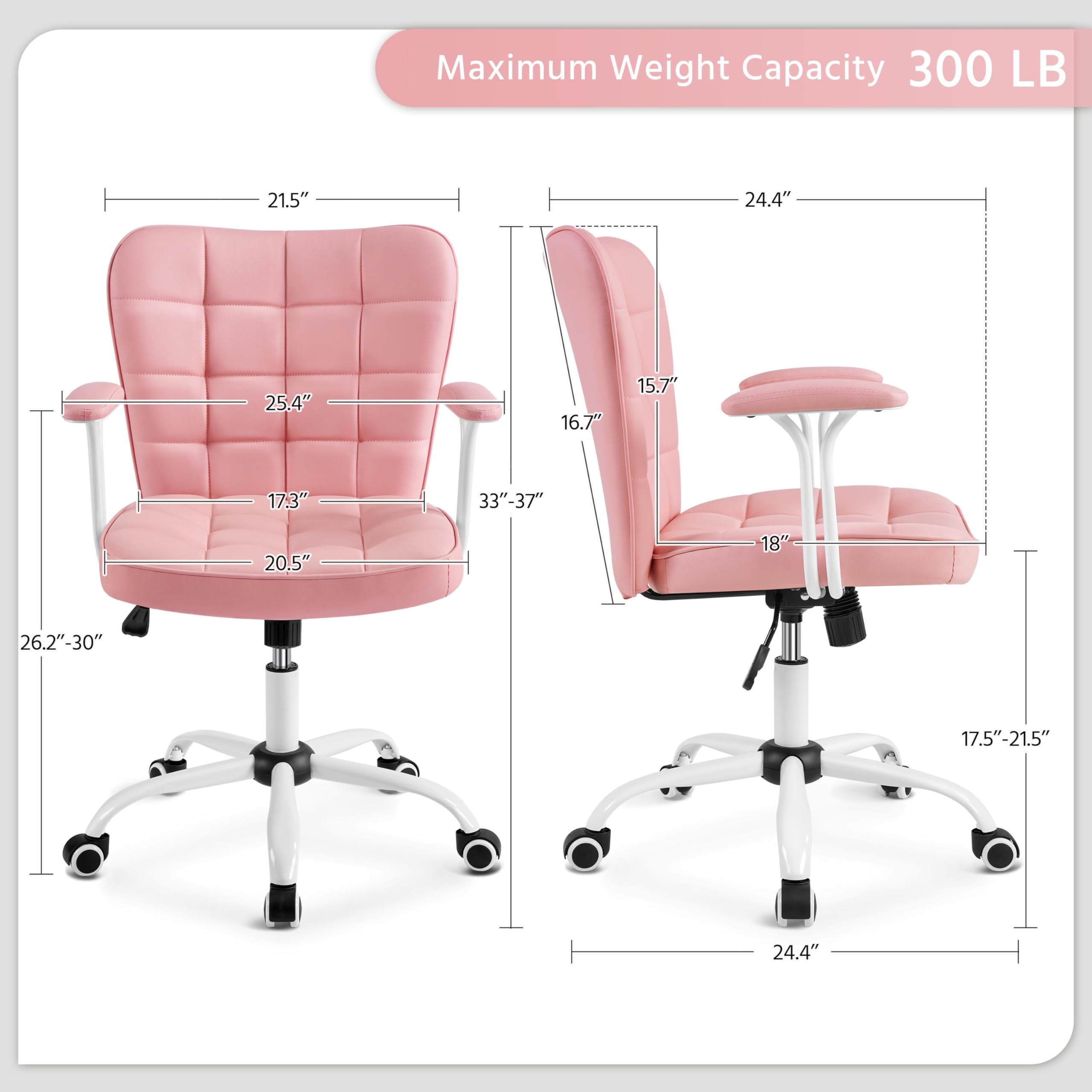 Yaheetech Mid Back Faux Leather Office Chair Adjustable Tilting Vanity Chair Modern Upholstered Desk Chair Task Chair with Detachable Padded Armrests for Home/Office,Pink